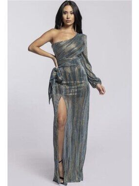 WOW Couture One Shoulder Teal Gold Sheer Formal Dress Size S